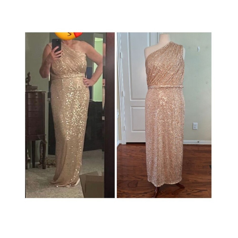 Ieena MacDuggal Gown Gold Sequin 16 One Shoulder Ruched Formal Evening Dress